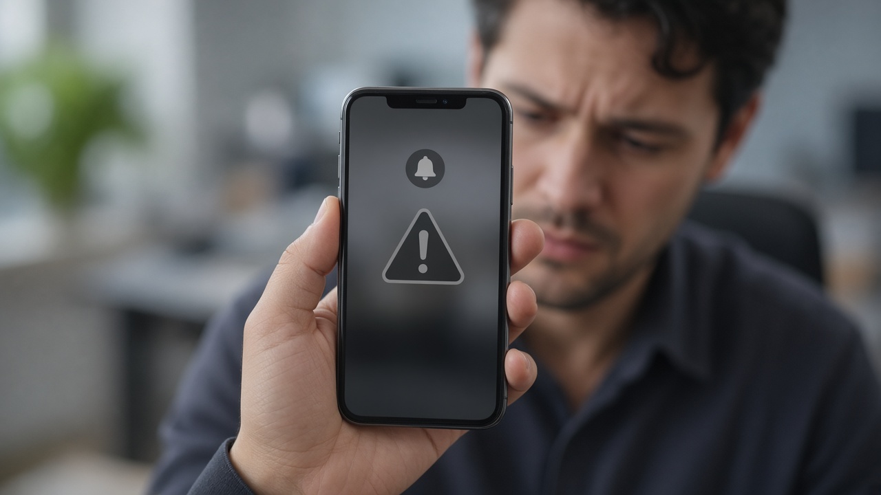 Person som ser bekymret på en mobiltelefon med et varselsymbol på skjermen