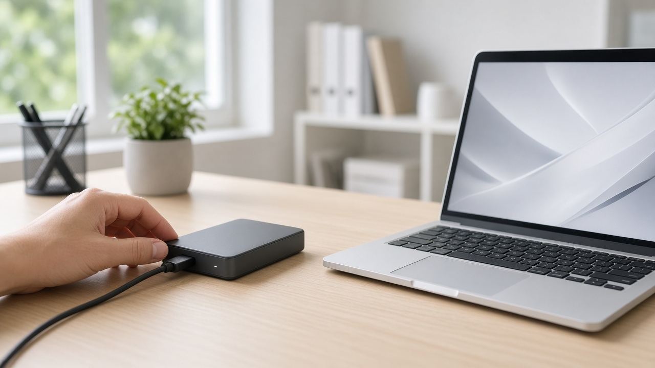 Hånd som kobler en ekstern harddisk for sikkerhetskopi til en bærbar PC