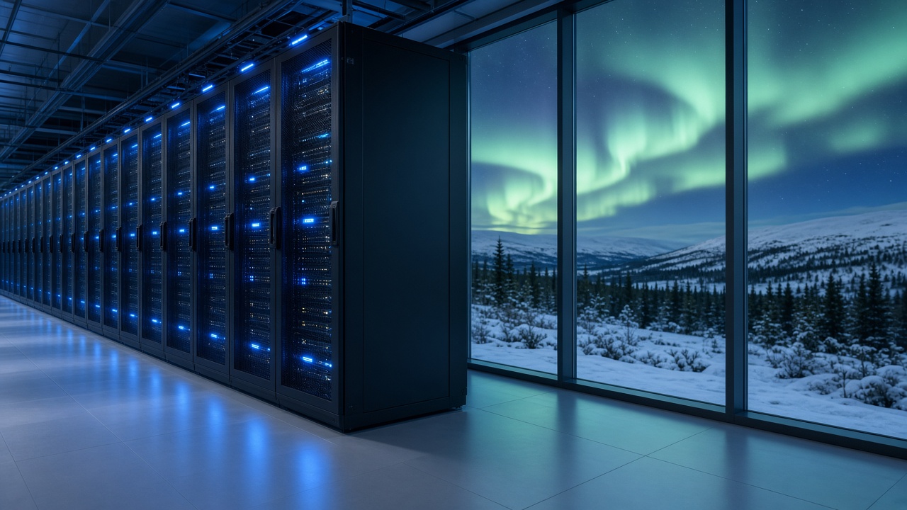 Datasenter med serverrekker i blått lys og store vinduer mot et snødekt landskap med nordlys