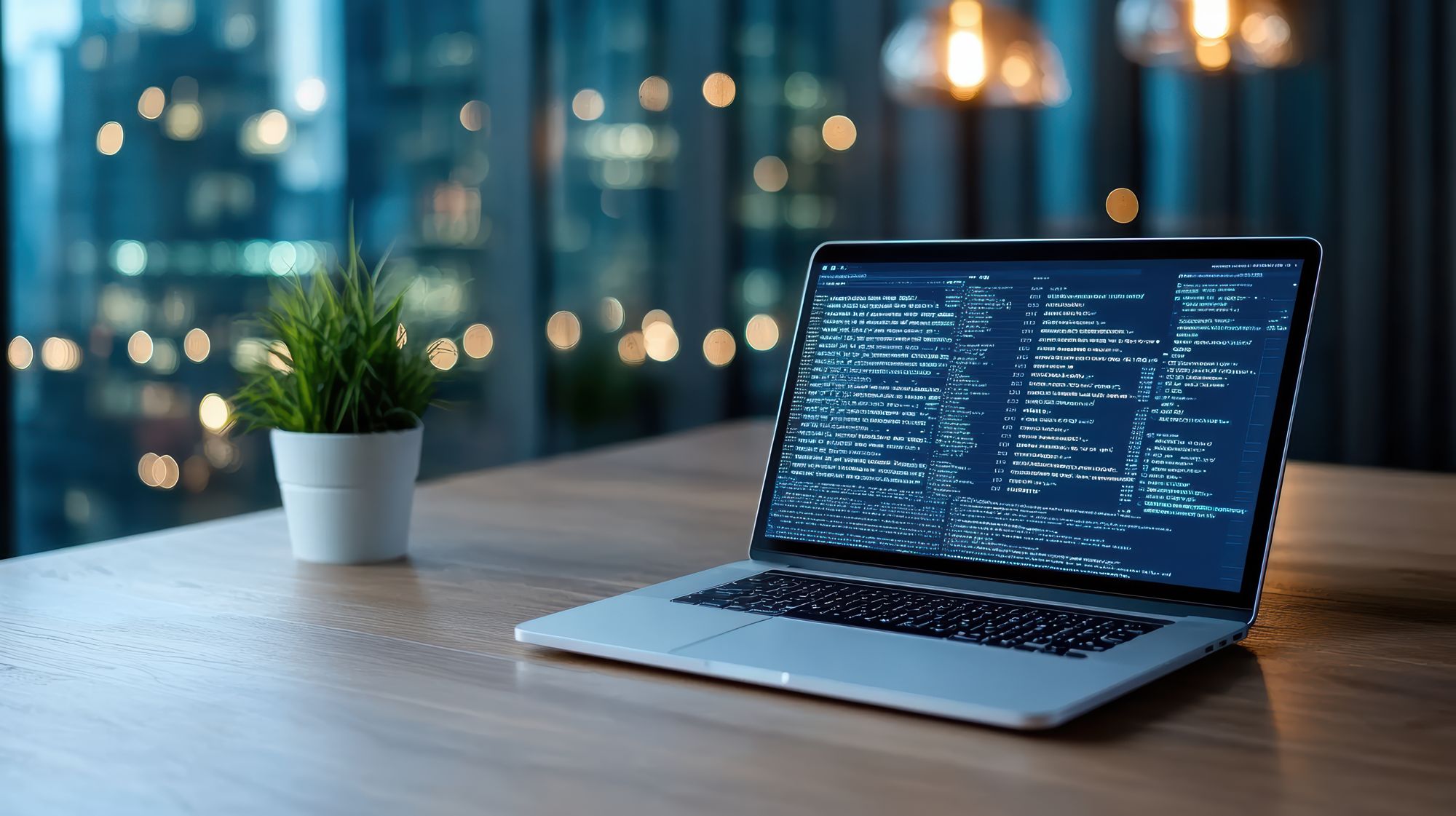 Bærbar PC med programkode på et trebord foran et vindu med byutsikt